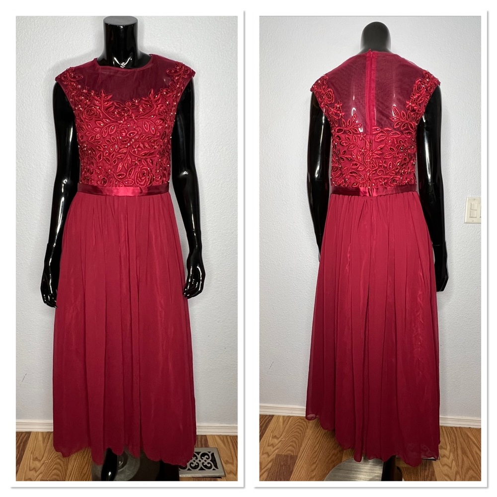 Formal Illusion Sequin, Lace and Chiffon Maxi Gown in Garnet Red